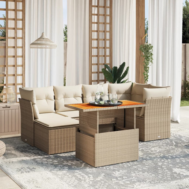 7-delige Loungeset met kussens poly rattan beige