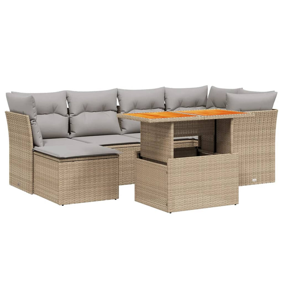 7-delige Loungeset met kussens poly rattan beige