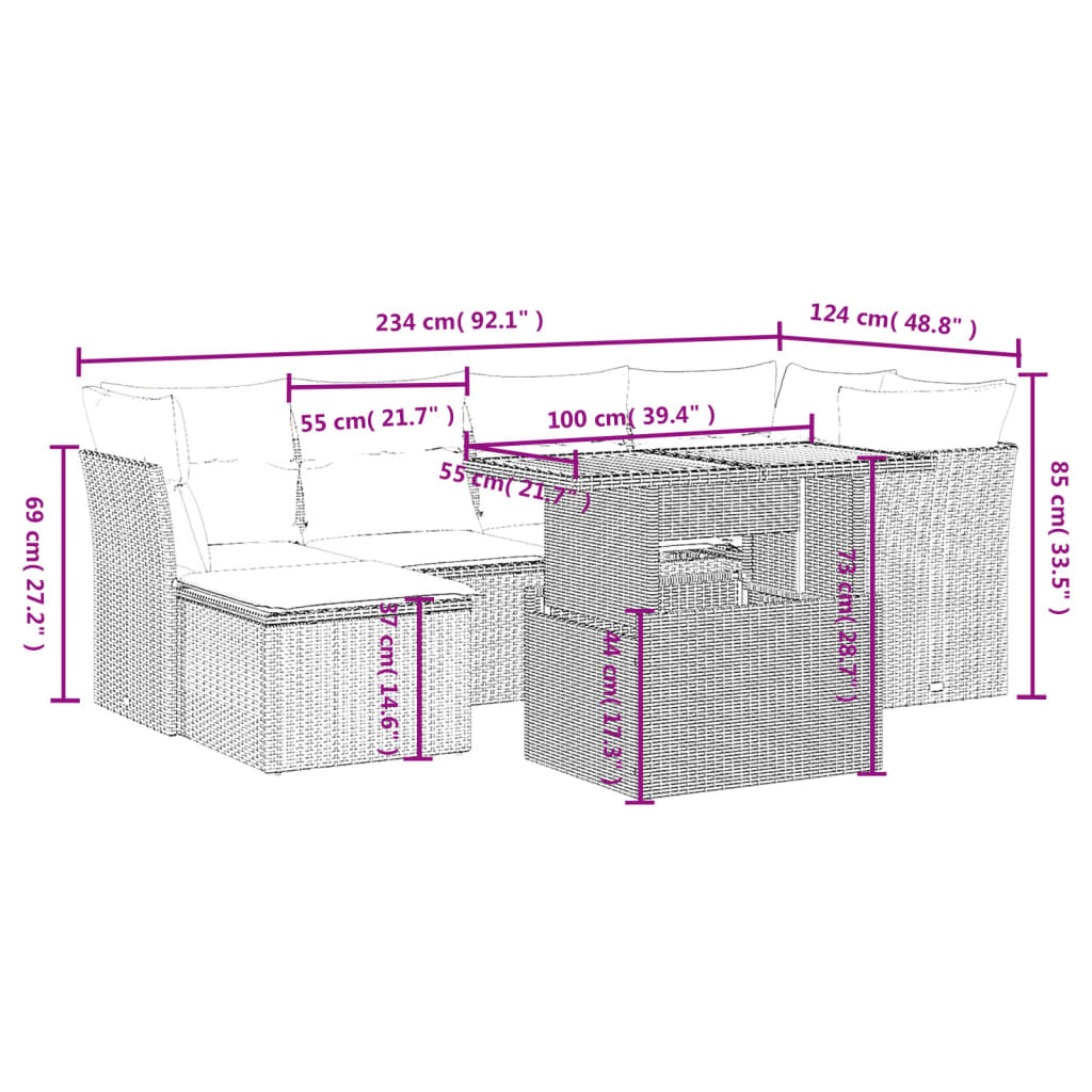 7-delige Loungeset met kussens poly rattan beige