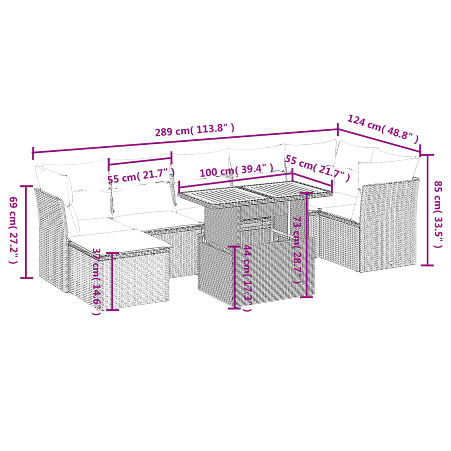 8-delige Loungeset met kussens poly rattan beige