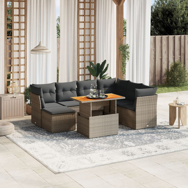 8-delige Loungeset met kussens poly rattan grijs