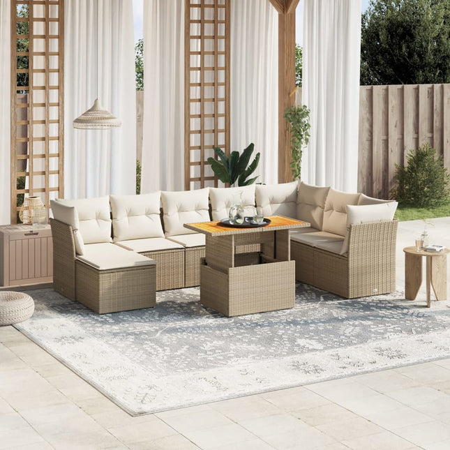 9-delige Loungeset met kussens poly rattan beige