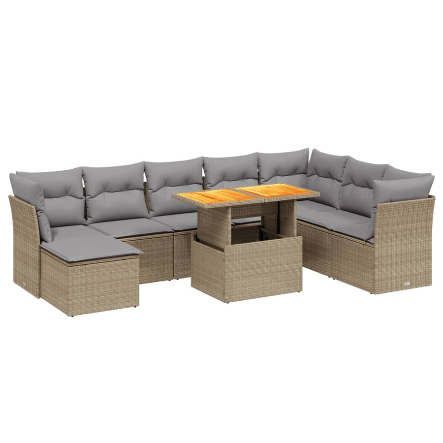 9-delige Loungeset met kussens poly rattan beige