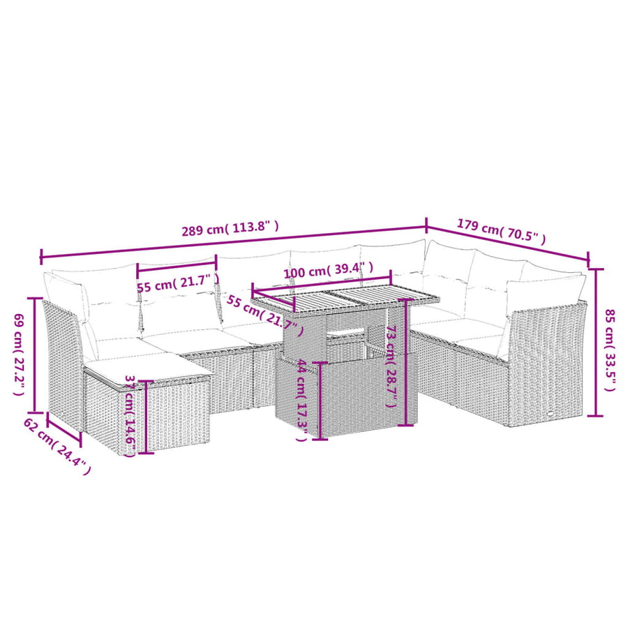9-delige Loungeset met kussens poly rattan beige