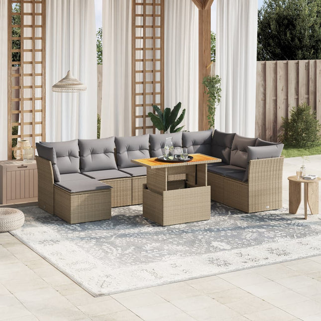 9-delige Loungeset met kussens poly rattan beige