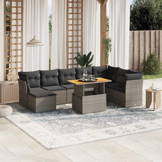 9-delige Loungeset met kussens poly rattan grijs