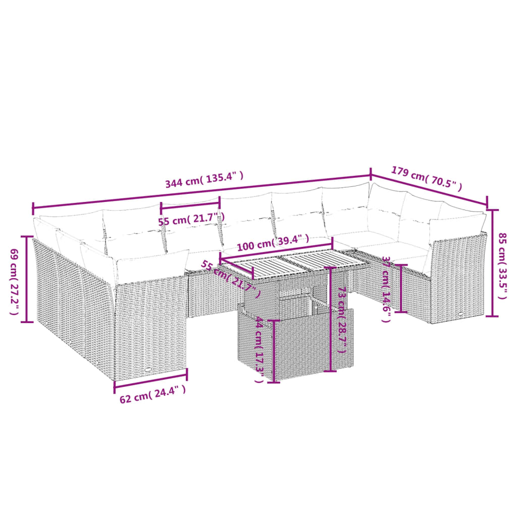 11-delige Loungeset met kussens poly rattan grijs