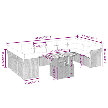 11-delige Loungeset met kussens poly rattan grijs