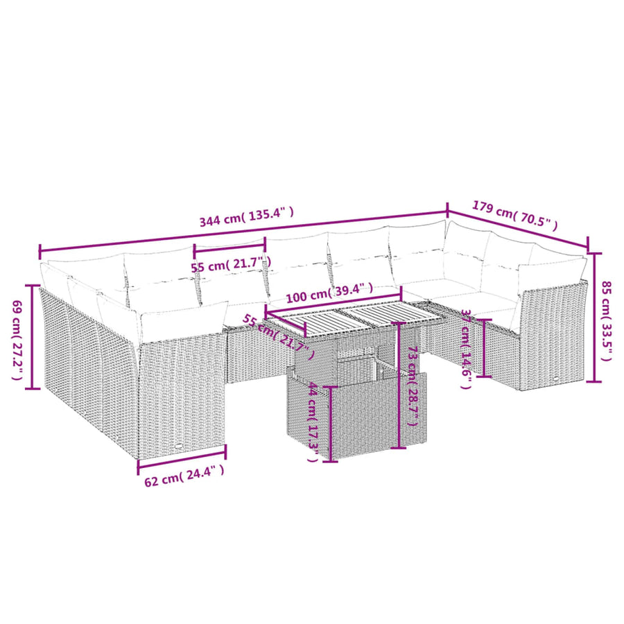 11-delige Loungeset met kussens poly rattan grijs