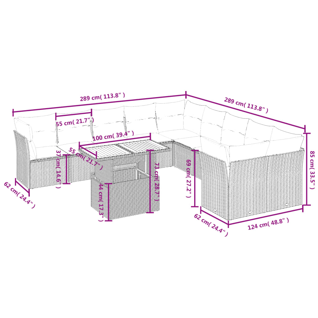 11-delige Loungeset met kussens poly rattan grijs