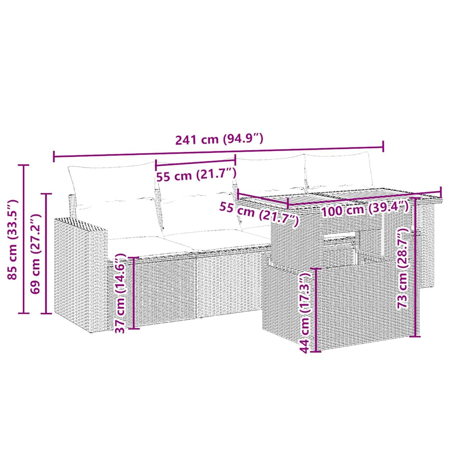 5-delige Loungeset met kussens poly rattan beige
