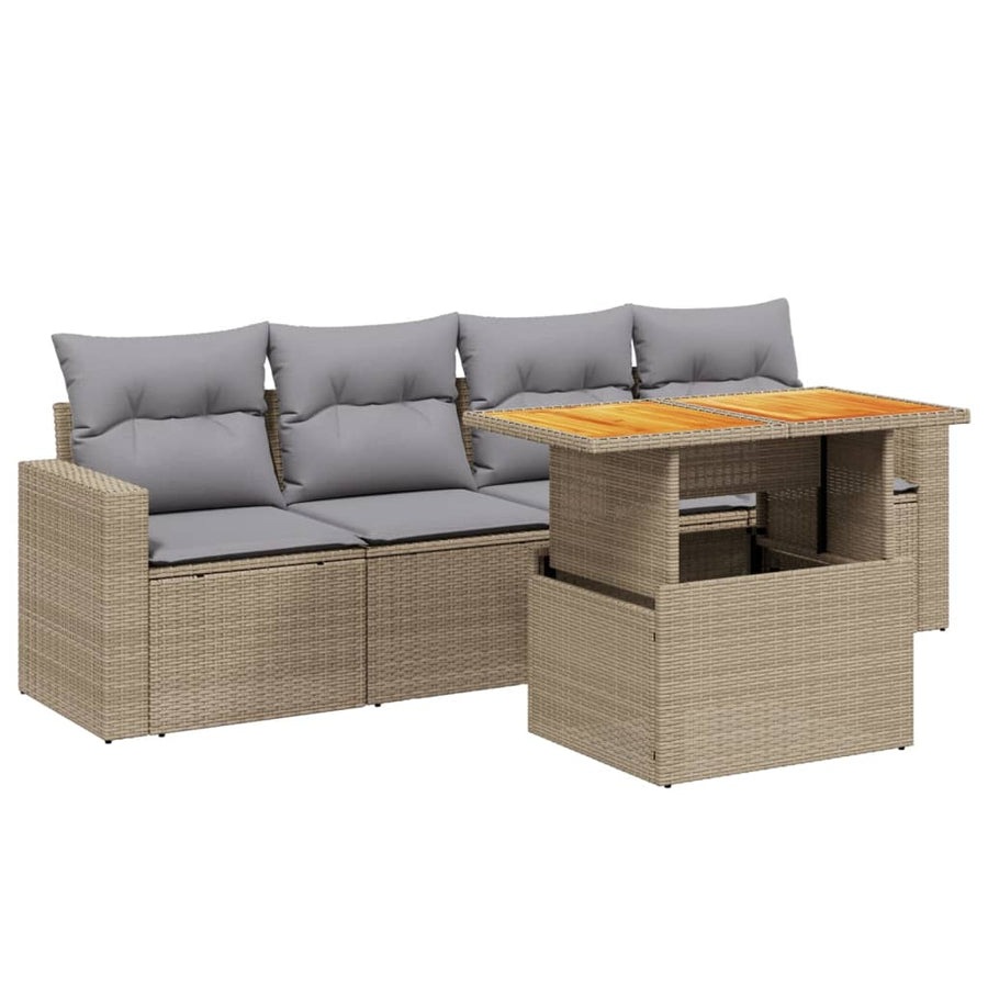 5-delige Loungeset met kussens poly rattan beige