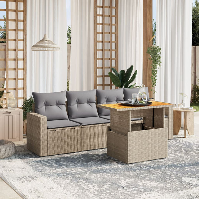 5-delige Loungeset met kussens poly rattan beige