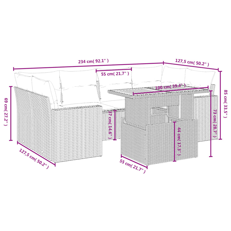 7-Delige Loungeset Met Kussens Poly Rattan Zwart