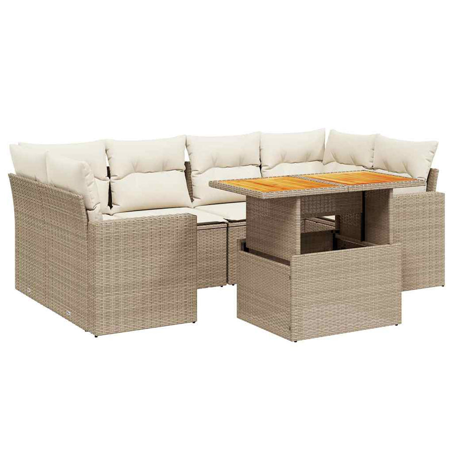 7-delige Loungeset met kussens poly rattan beige