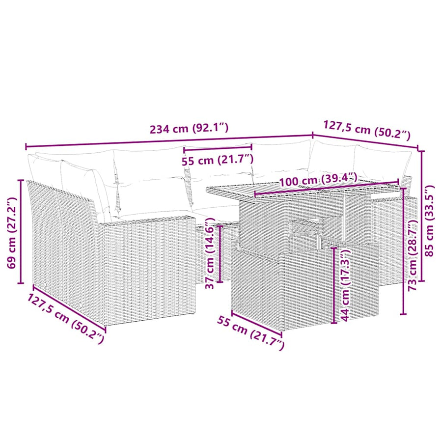 7-delige Loungeset met kussens poly rattan beige