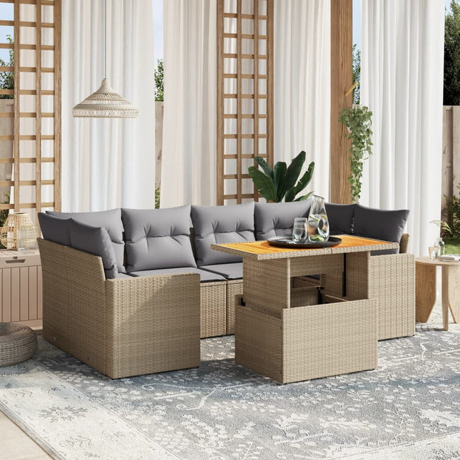 7-delige Loungeset met kussens poly rattan beige