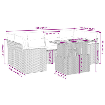 7-delige Loungeset met kussens poly rattan grijs