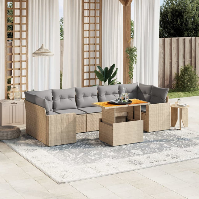 8-delige Loungeset met kussens poly rattan beige