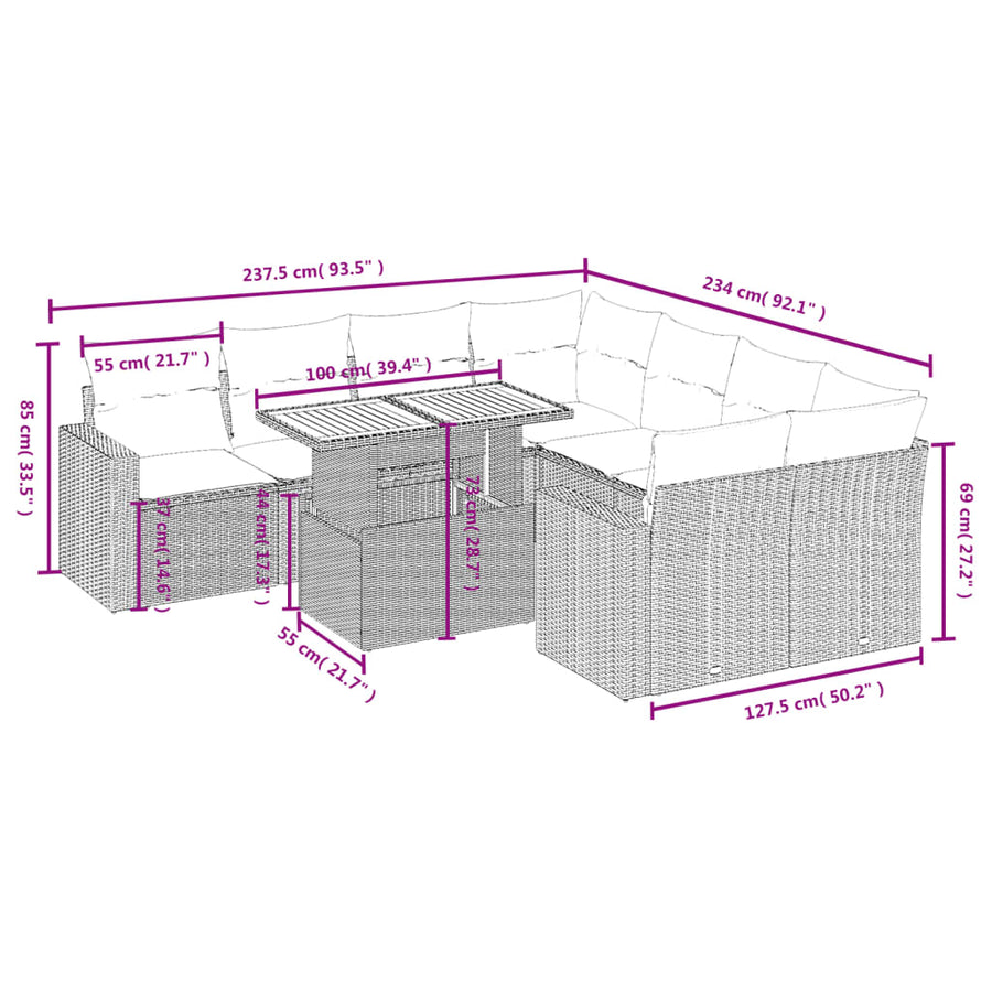 9-Delige Loungeset Met Kussens Poly Rattan Zwart