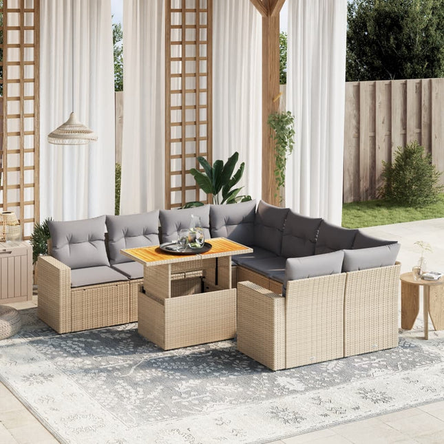 9-delige Loungeset met kussens poly rattan beige