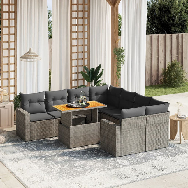 9-delige Loungeset met kussens poly rattan grijs