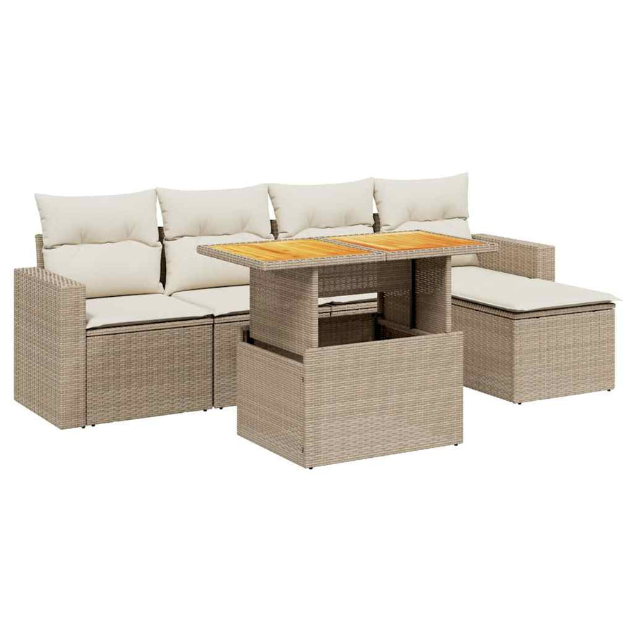 6-delige Loungeset met kussens poly rattan beige