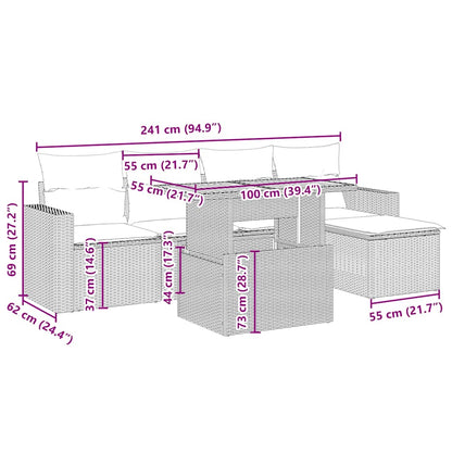 6-delige Loungeset met kussens poly rattan beige