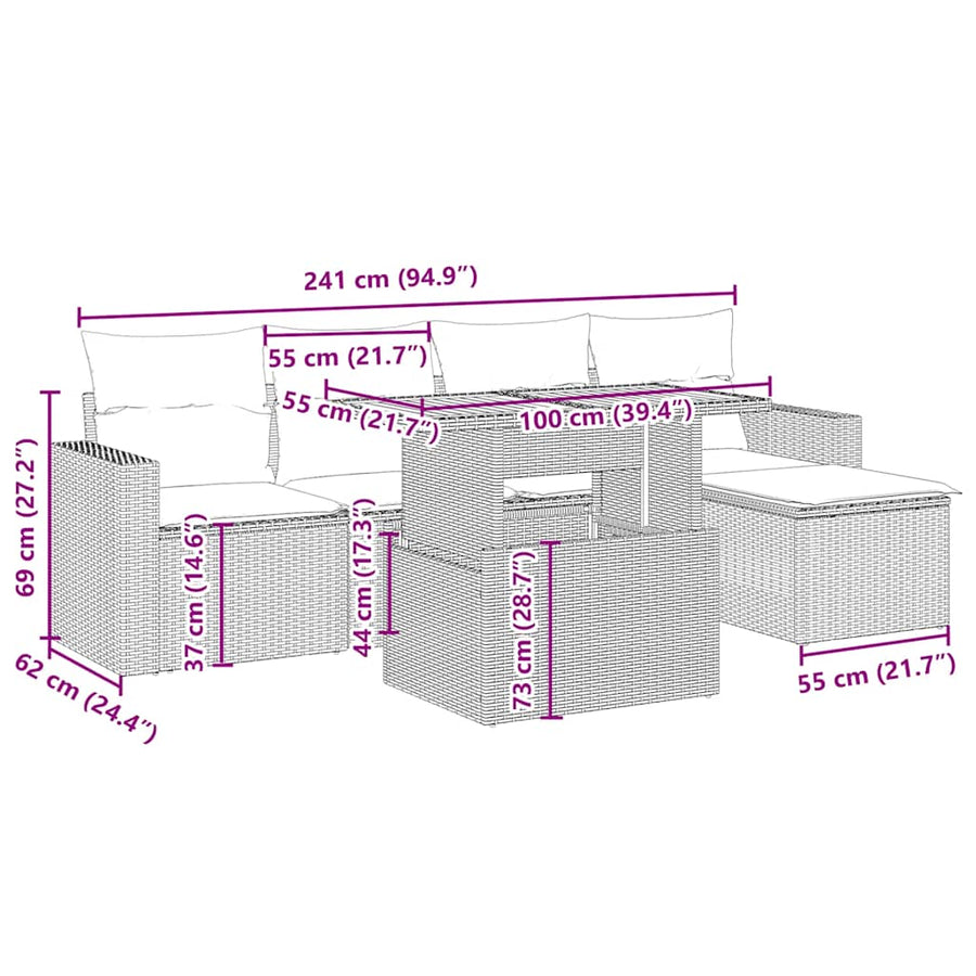 6-delige Loungeset met kussens poly rattan beige