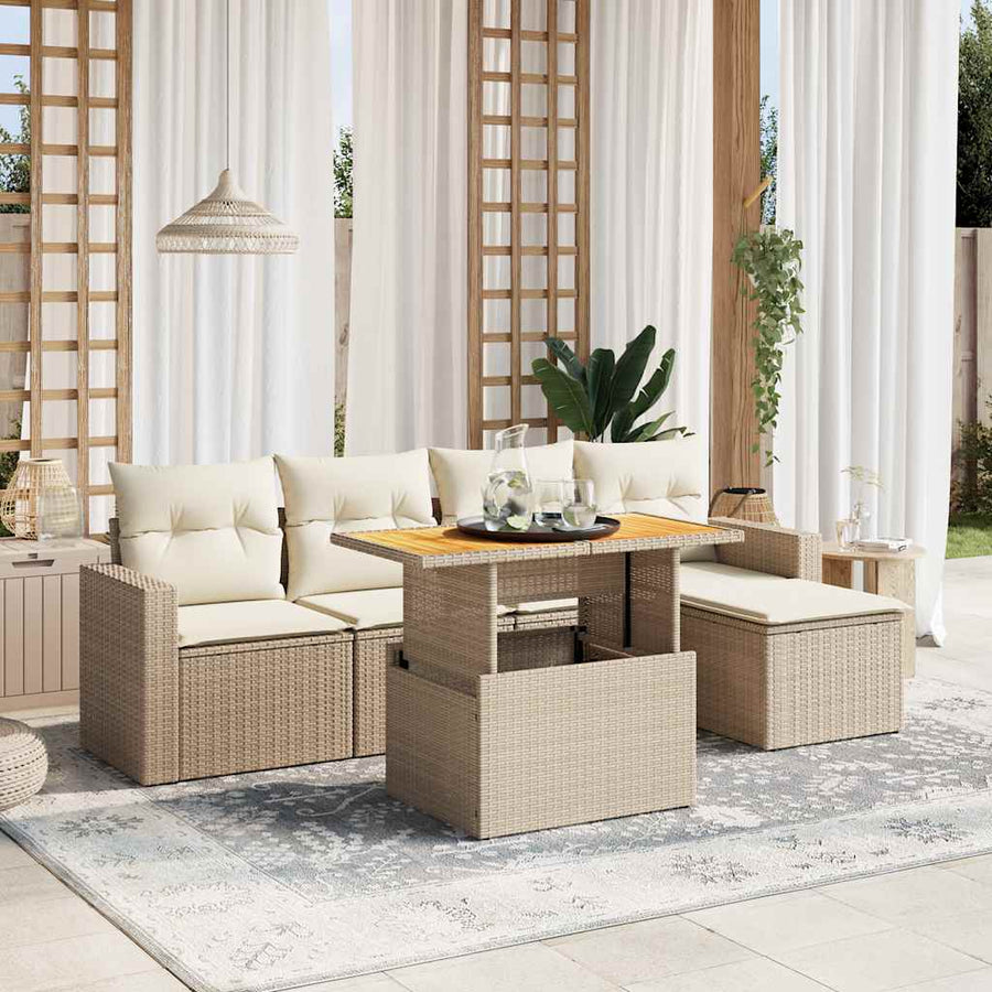 6-delige Loungeset met kussens poly rattan beige