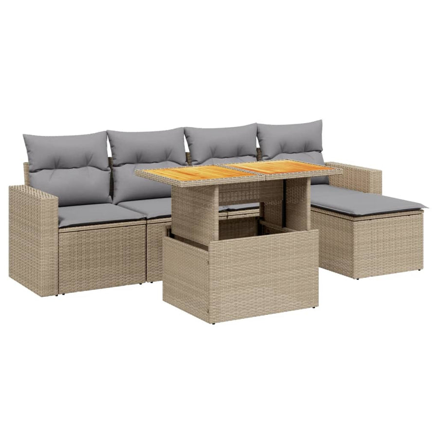 6-delige Loungeset met kussens poly rattan beige
