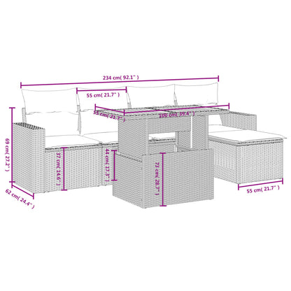 6-delige Loungeset met kussens poly rattan beige