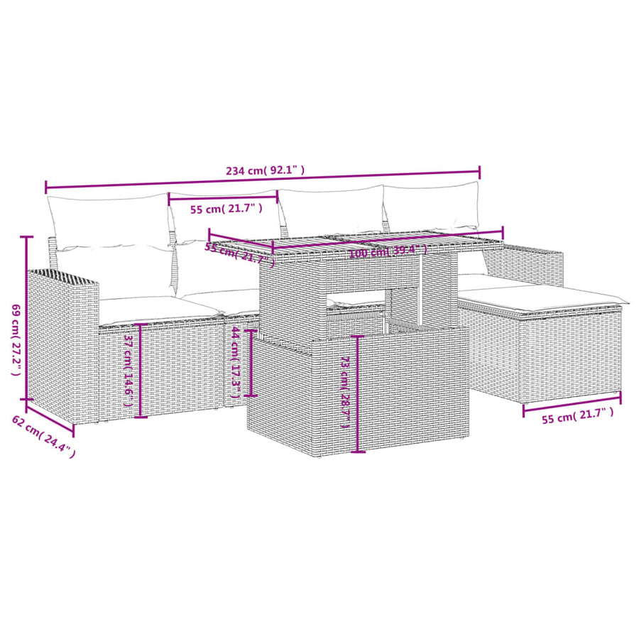 6-delige Loungeset met kussens poly rattan beige