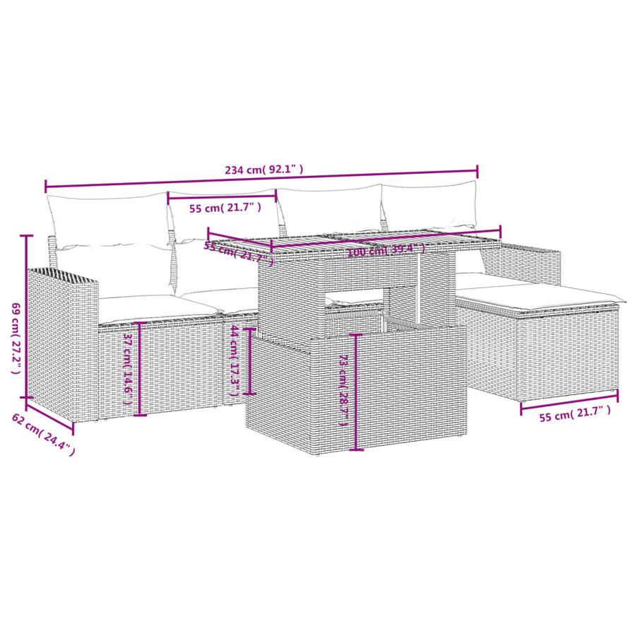 6-delige Loungeset met kussens poly rattan grijs