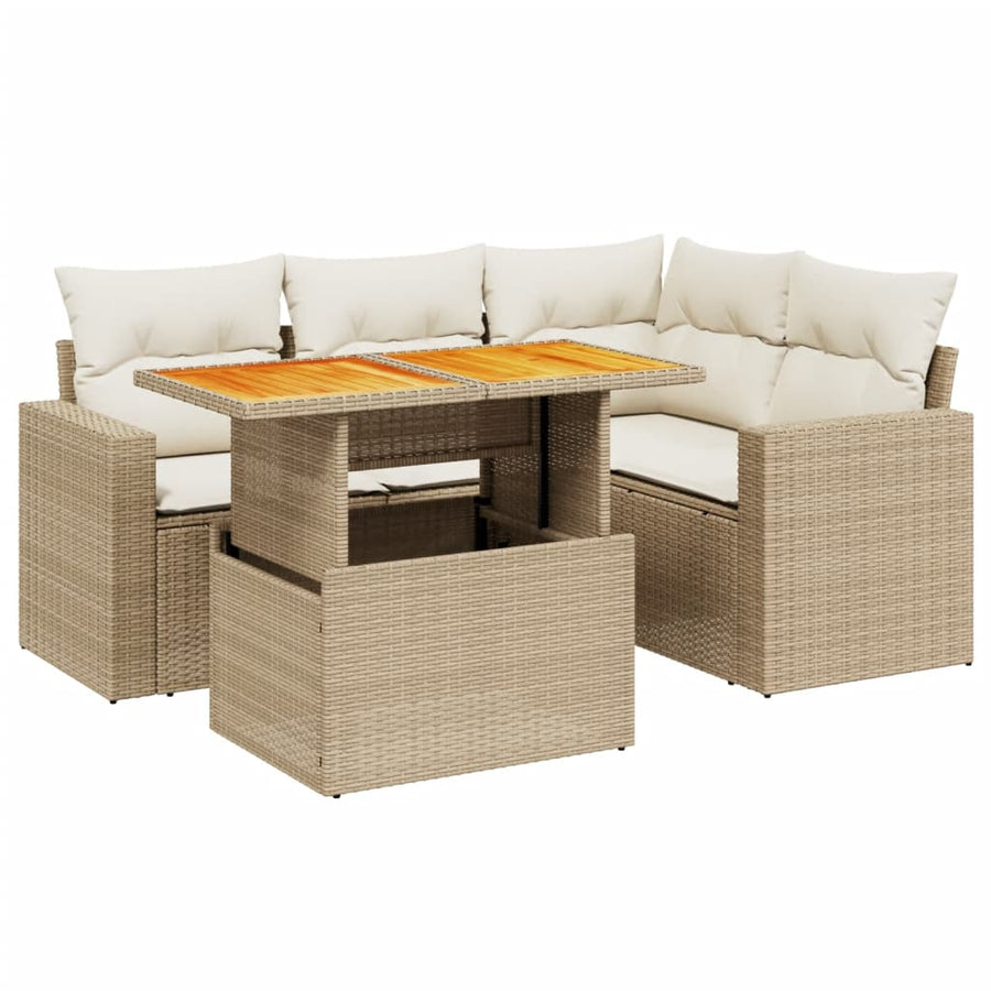 5-delige Loungeset met kussens poly rattan beige