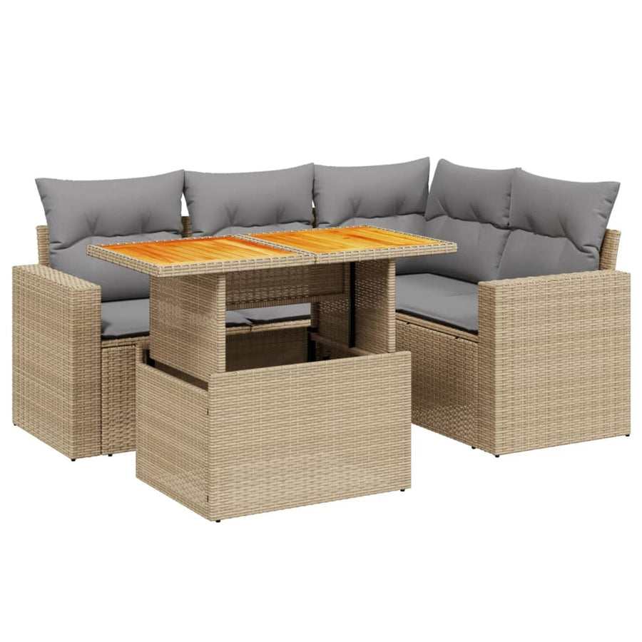 5-delige Loungeset met kussens poly rattan beige