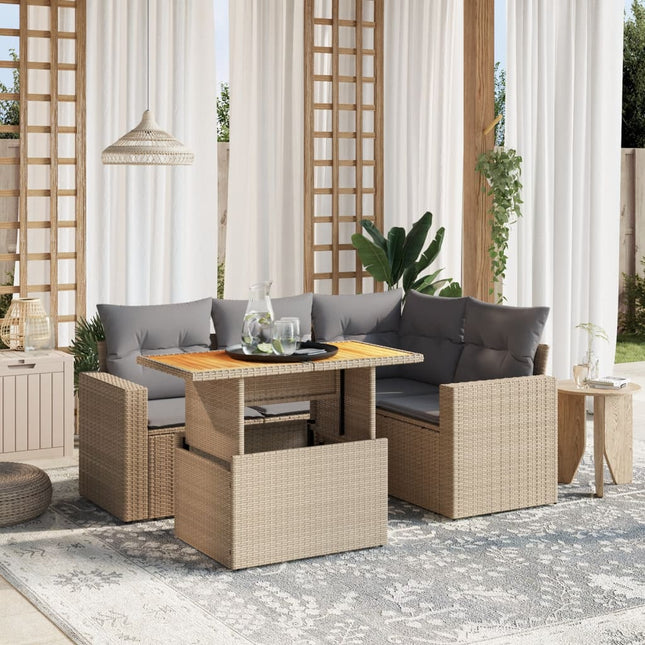 5-delige Loungeset met kussens poly rattan beige