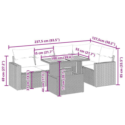 6-delige Loungeset met kussens poly rattan beige