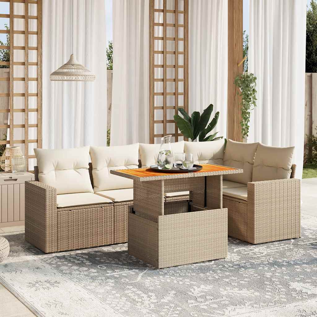 6-delige Loungeset met kussens poly rattan beige