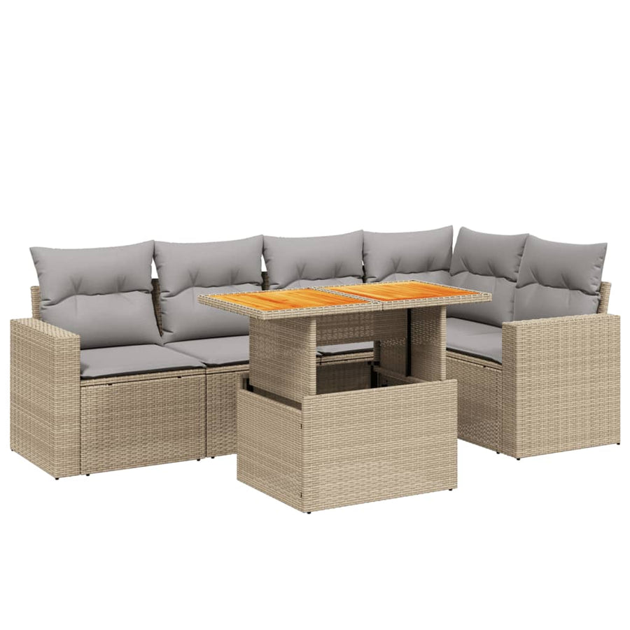 6-delige Loungeset met kussens poly rattan beige