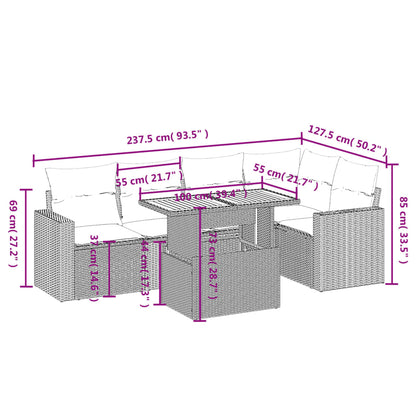 6-delige Loungeset met kussens poly rattan beige
