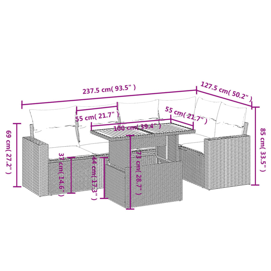 6-delige Loungeset met kussens poly rattan beige