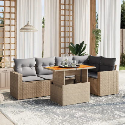 6-delige Loungeset met kussens poly rattan beige