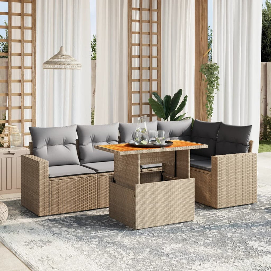 6-delige Loungeset met kussens poly rattan beige