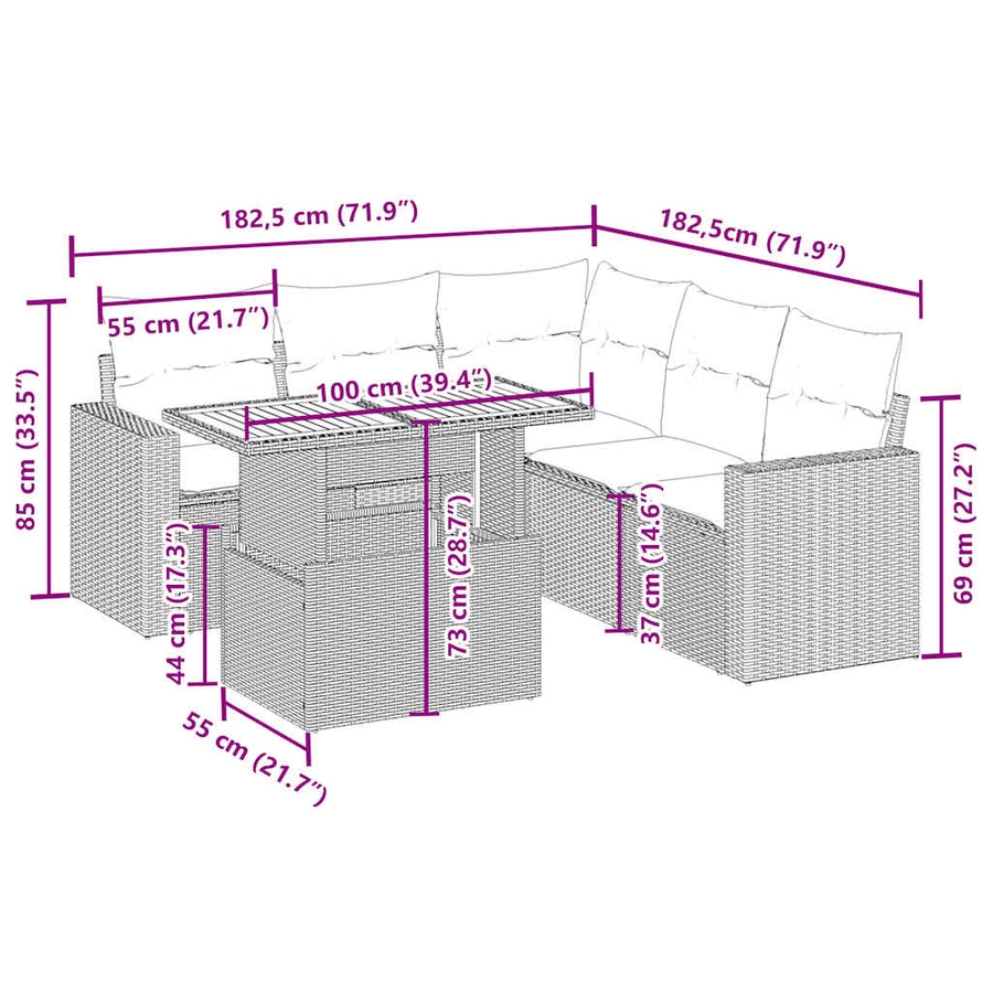 6-delige Loungeset met kussens poly rattan beige