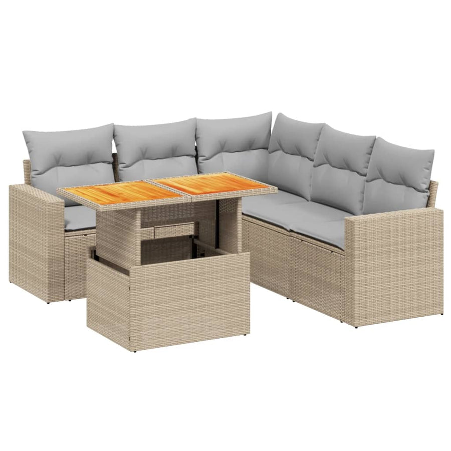 6-delige Loungeset met kussens poly rattan beige