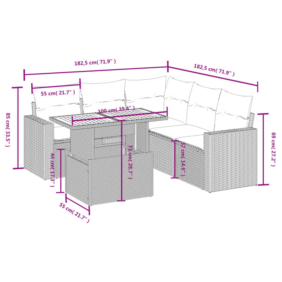 6-delige Loungeset met kussens poly rattan beige