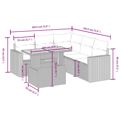 6-delige Loungeset met kussens poly rattan grijs