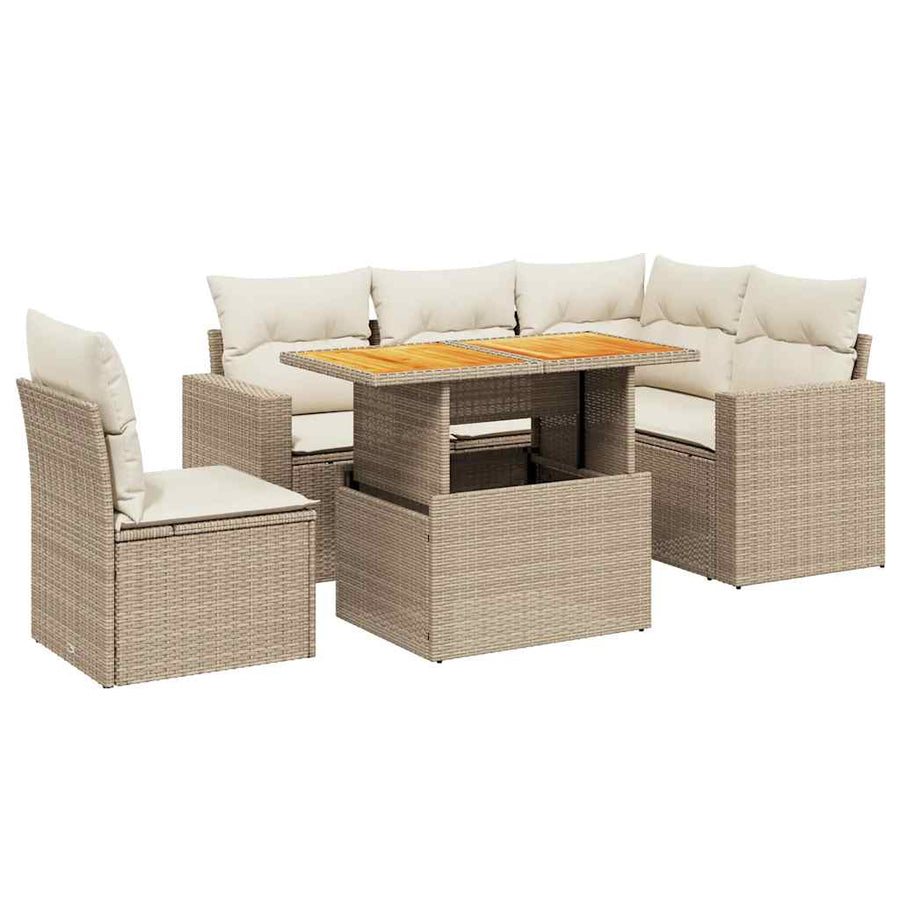 6-delige Loungeset met kussens poly rattan beige