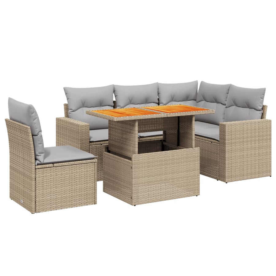 6-delige Loungeset met kussens poly rattan beige